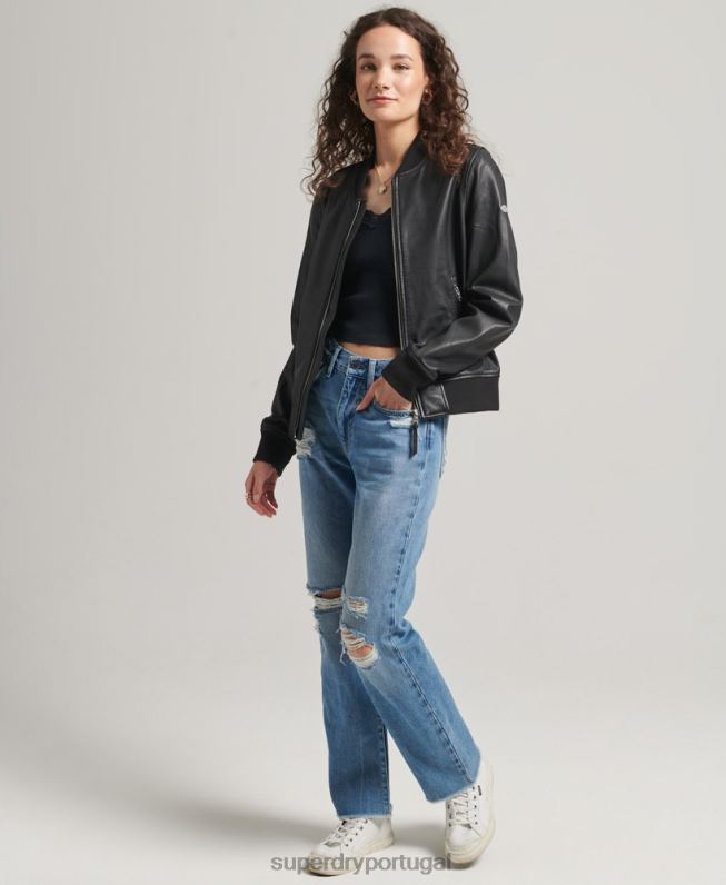 jaqueta bomber de couro mulheres preto roupas Superdry 2208H5723