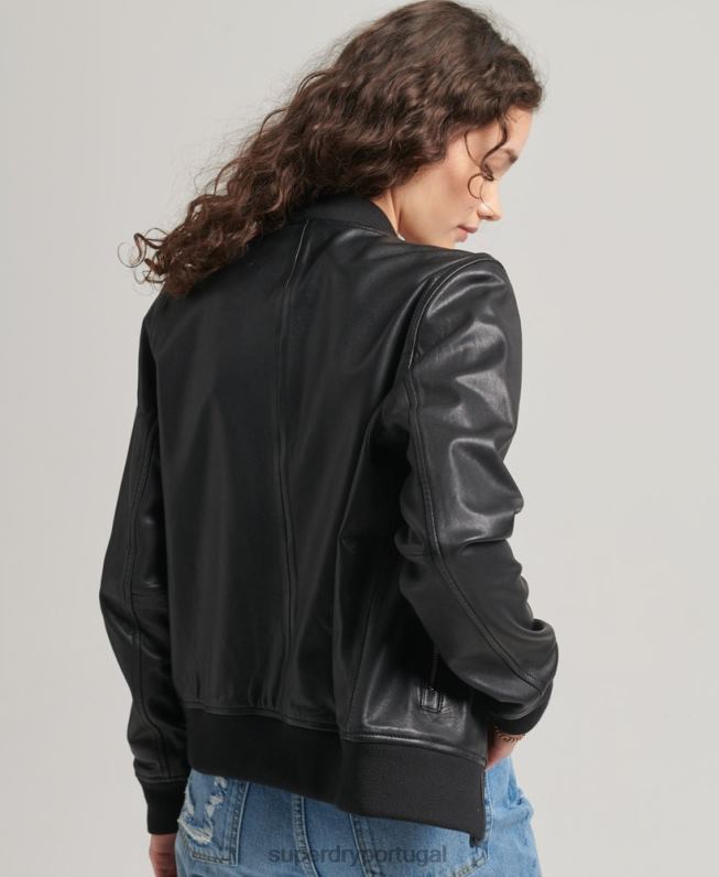 jaqueta bomber de couro mulheres preto roupas Superdry 2208H5723