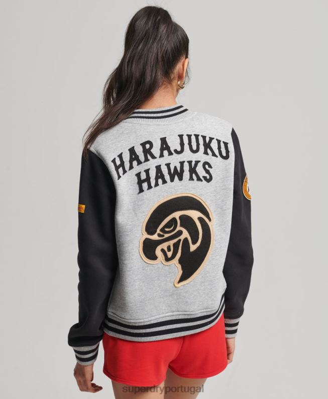 jaqueta bomber de jérsei de beisebol colegial vintage mulheres cinza roupas Superdry 2208H3754