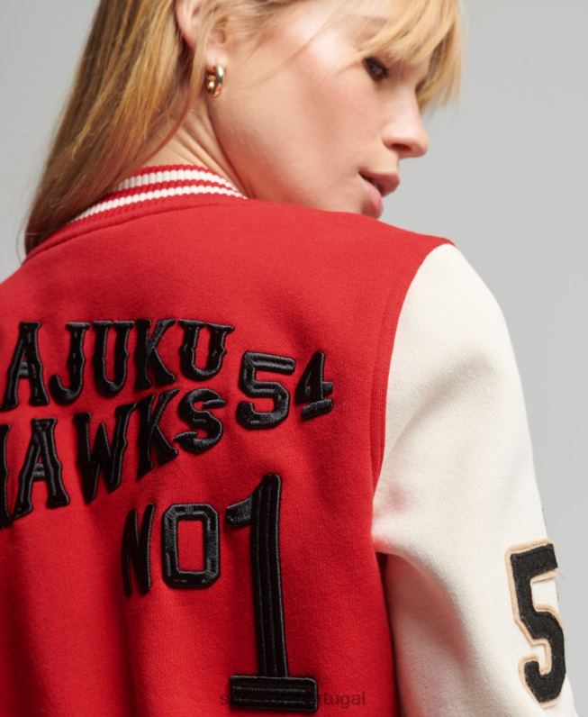 jaqueta bomber de jérsei de beisebol colegial vintage mulheres vermelho roupas Superdry 2208H3722