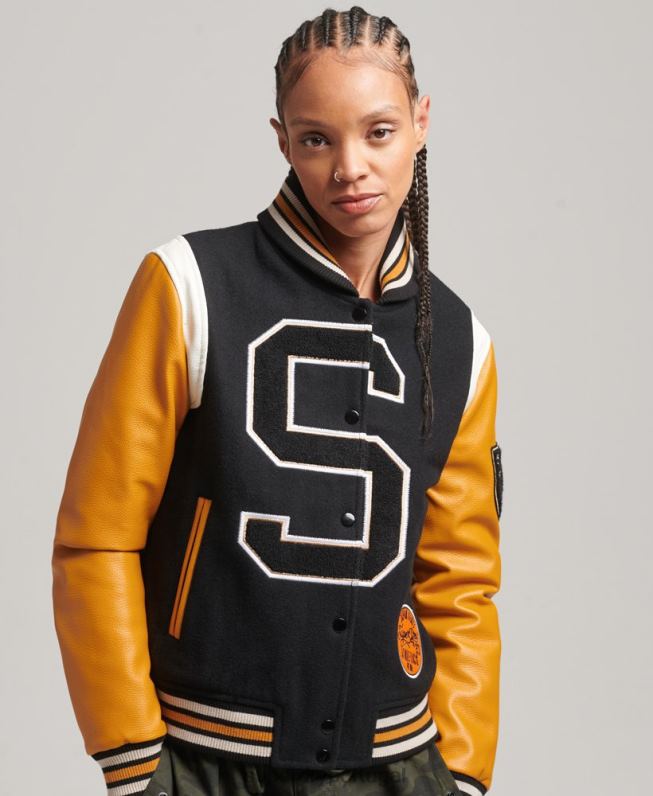 jaqueta bomber pu de lã do time do colégio mulheres preto roupas Superdry 2208H5467