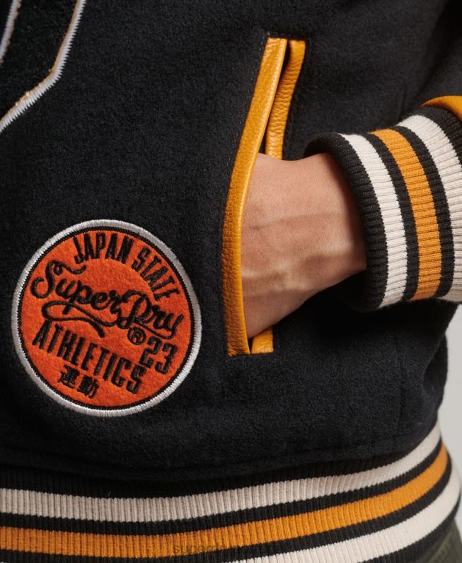 jaqueta bomber pu de lã do time do colégio mulheres preto roupas Superdry 2208H5467