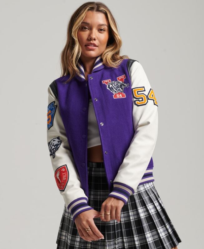 jaqueta bomber pu de lã do time do colégio mulheres roxo roupas Superdry 2208H5421