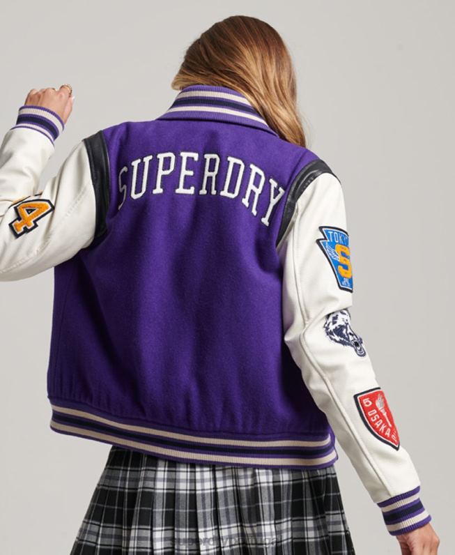 jaqueta bomber pu de lã do time do colégio mulheres roxo roupas Superdry 2208H5421