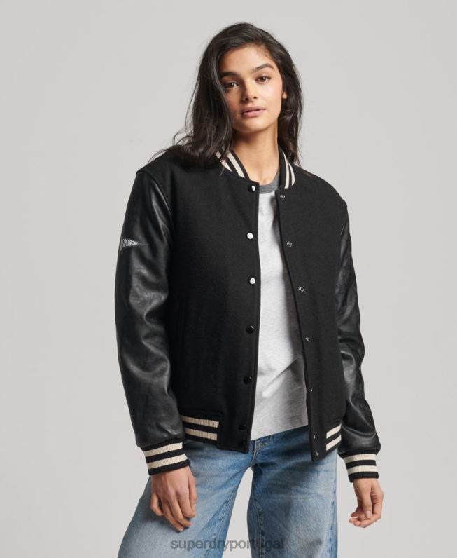 jaqueta bomber universitária mulheres cinza escuro roupas Superdry 2208H5409