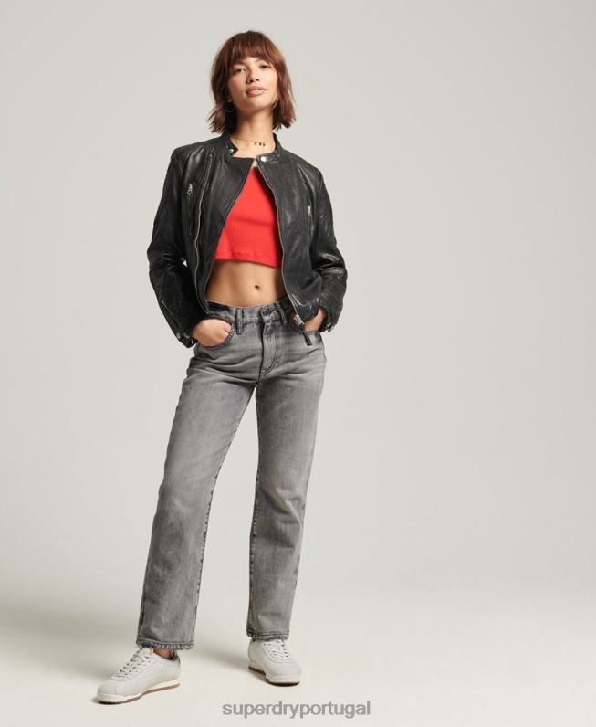 jaqueta clássica de corrida de couro mulheres preto roupas Superdry 2208H5410