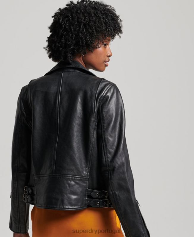 jaqueta clássica de motociclista de couro mulheres preto roupas Superdry 2208H3627