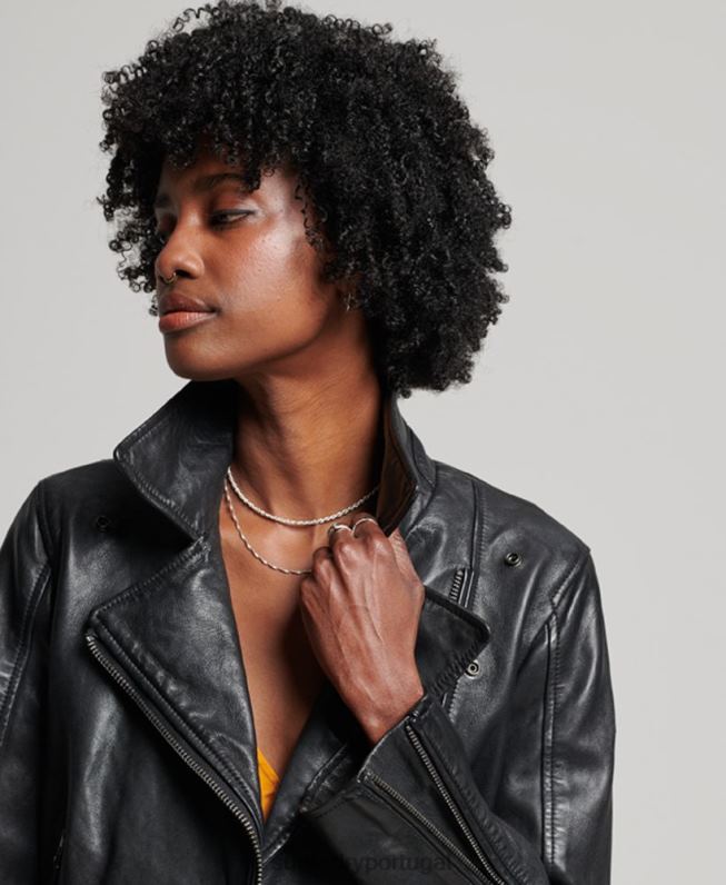 jaqueta clássica de motociclista de couro mulheres preto roupas Superdry 2208H3627