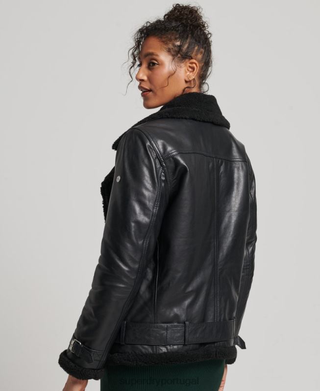 jaqueta de aviador de couro studios mulheres preto roupas Superdry 2208H3569
