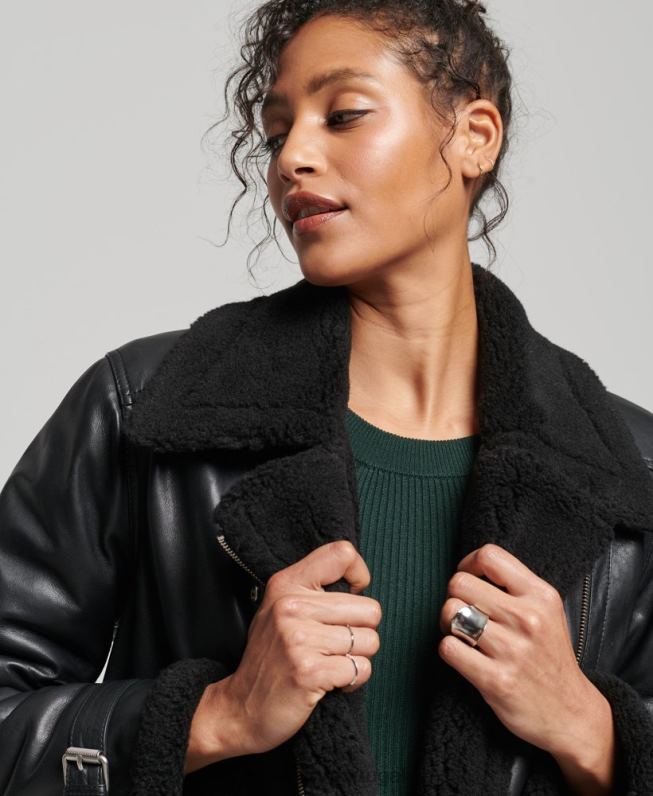 jaqueta de aviador de couro studios mulheres preto roupas Superdry 2208H3569