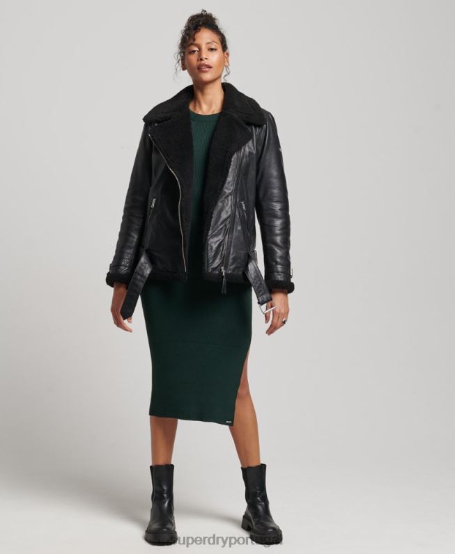 jaqueta de aviador de couro studios mulheres preto roupas Superdry 2208H3569