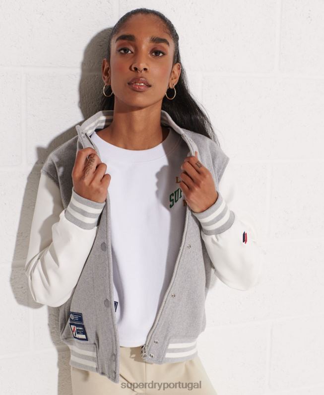 jaqueta de beisebol do time do colégio de lã mulheres cinza claro roupas Superdry 2208H5585