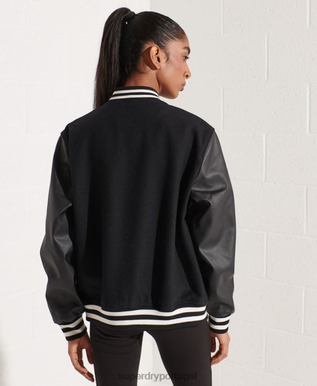 jaqueta de beisebol do time do colégio de lã mulheres preto roupas Superdry 2208H5726