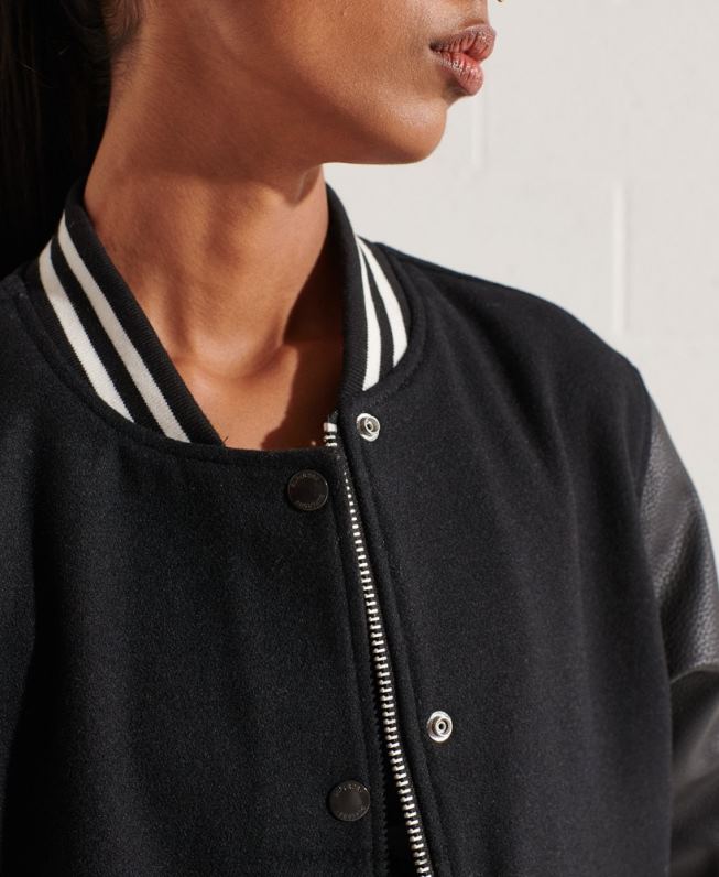 jaqueta de beisebol do time do colégio de lã mulheres preto roupas Superdry 2208H5726