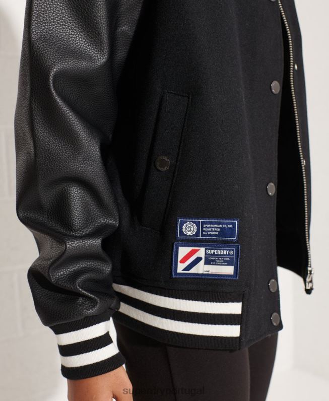 jaqueta de beisebol do time do colégio de lã mulheres preto roupas Superdry 2208H5726