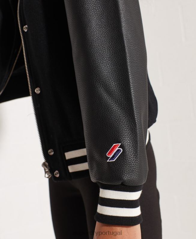 jaqueta de beisebol do time do colégio de lã mulheres preto roupas Superdry 2208H5726
