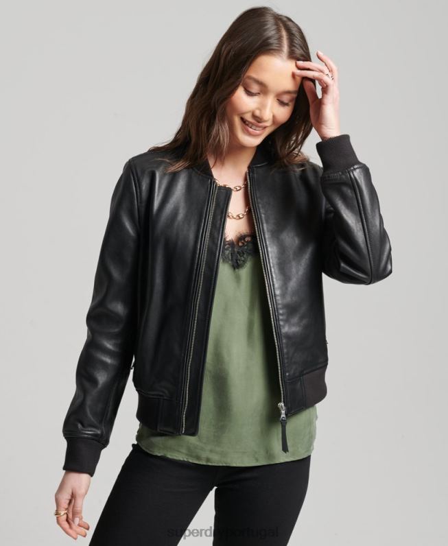 jaqueta de bombardeiro de couro de estúdio mulheres preto roupas Superdry 2208H3838
