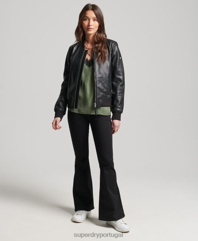 jaqueta de bombardeiro de couro de estúdio mulheres preto roupas Superdry 2208H3838