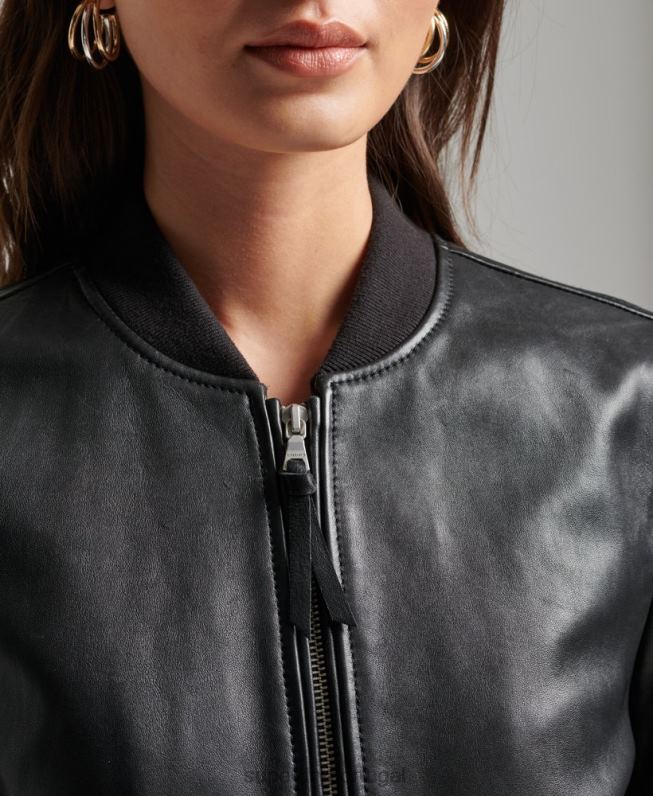 jaqueta de bombardeiro de couro de estúdio mulheres preto roupas Superdry 2208H3838