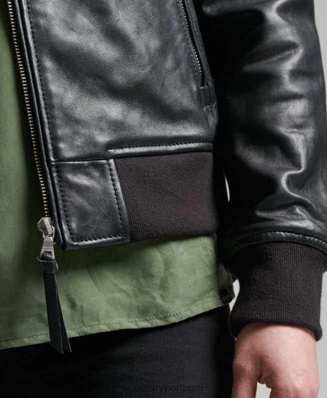 jaqueta de bombardeiro de couro de estúdio mulheres preto roupas Superdry 2208H3838