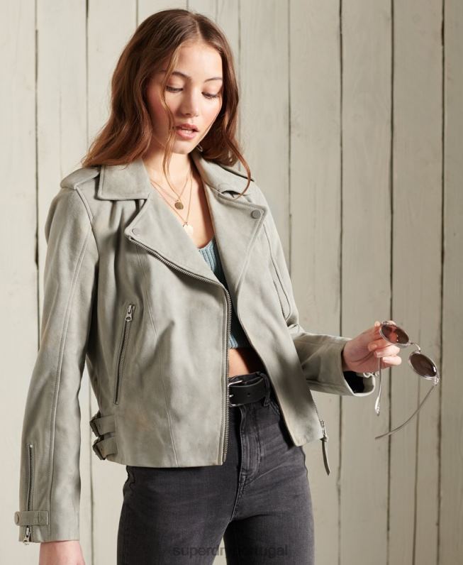 jaqueta de motociclista de camurça clássica mulheres creme roupas Superdry 2208H5668