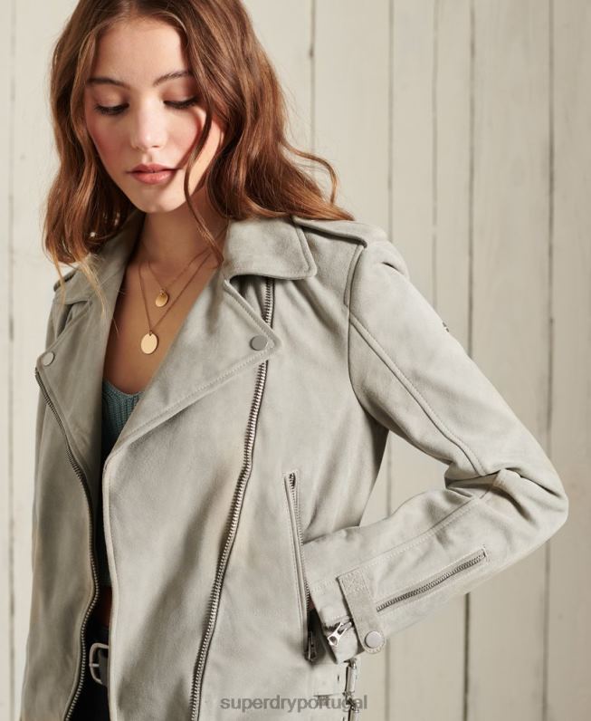 jaqueta de motociclista de camurça clássica mulheres creme roupas Superdry 2208H5668