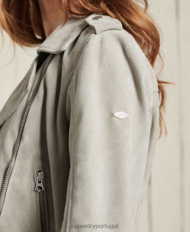 jaqueta de motociclista de camurça clássica mulheres creme roupas Superdry 2208H5668