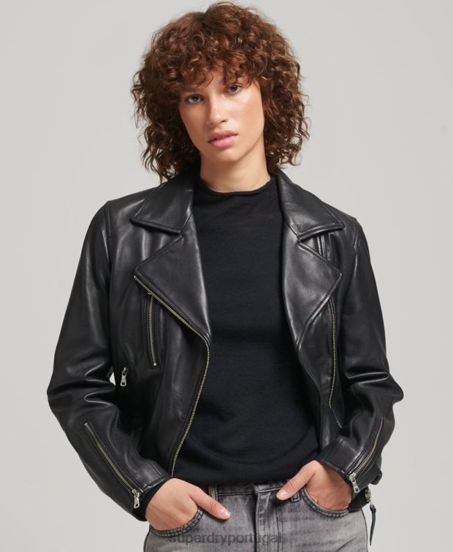 jaqueta de motociclista de couro mulheres preto roupas Superdry 2208H3590