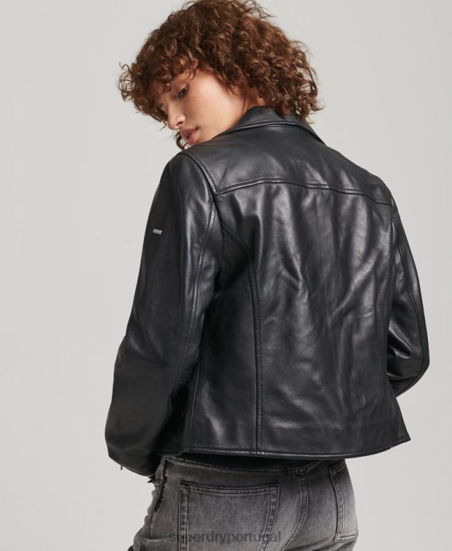 jaqueta de motociclista de couro mulheres preto roupas Superdry 2208H3590