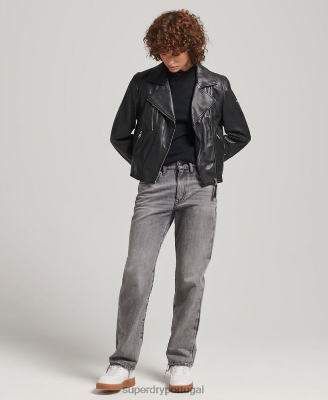 jaqueta de motociclista de couro mulheres preto roupas Superdry 2208H3590