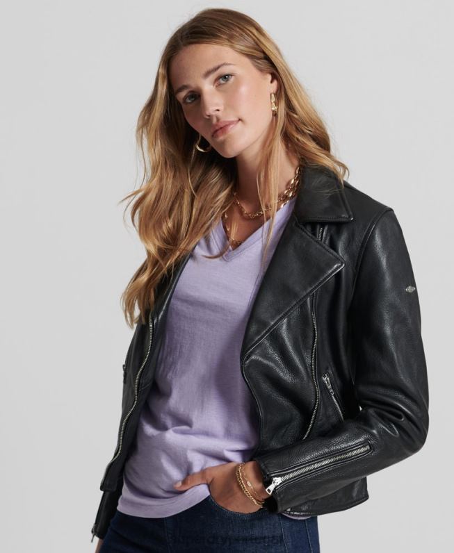 jaqueta de motociclista de couro mulheres preto roupas Superdry 2208H3844