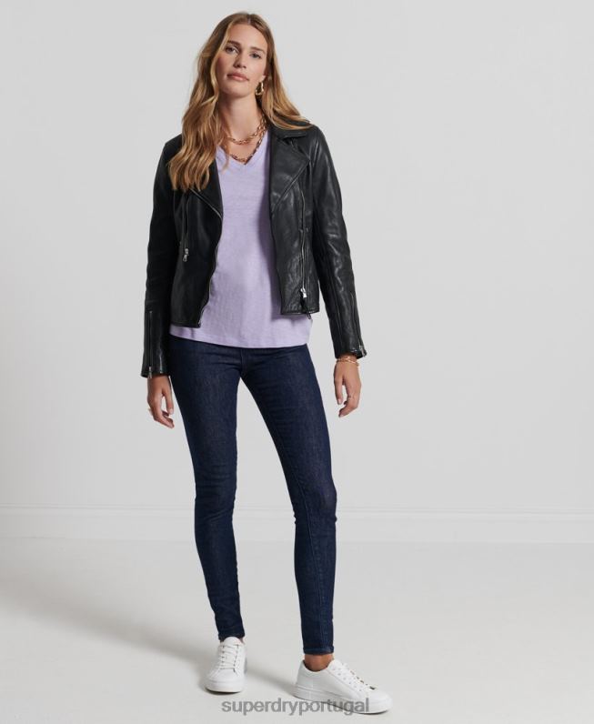 jaqueta de motociclista de couro mulheres preto roupas Superdry 2208H3844