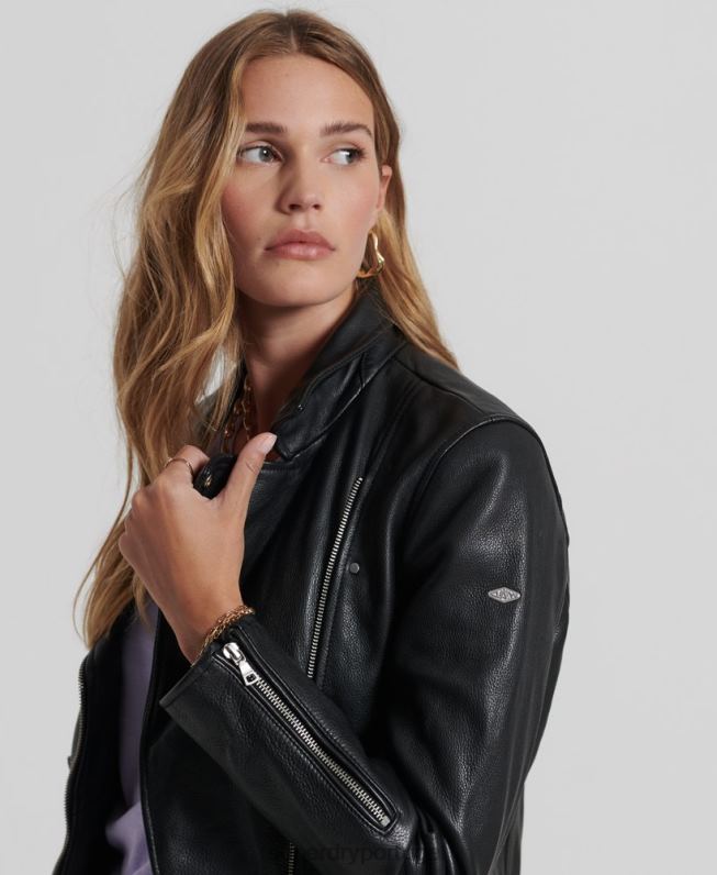 jaqueta de motociclista de couro mulheres preto roupas Superdry 2208H3844