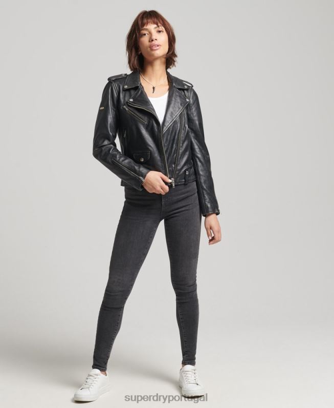 jaqueta de motociclista de couro rylee mulheres preto roupas Superdry 2208H3735