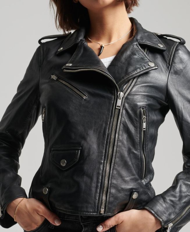 jaqueta de motociclista de couro rylee mulheres preto roupas Superdry 2208H3735