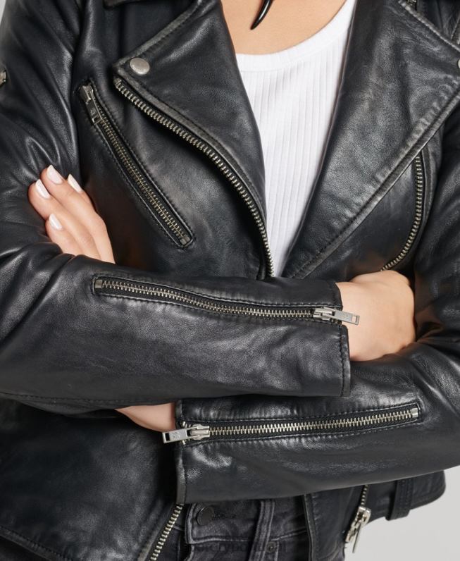 jaqueta de motociclista de couro rylee mulheres preto roupas Superdry 2208H3735