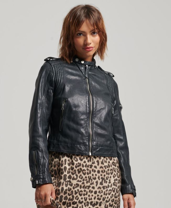 jaqueta moto racer de couro vintage mulheres cinza escuro roupas Superdry 2208H2042