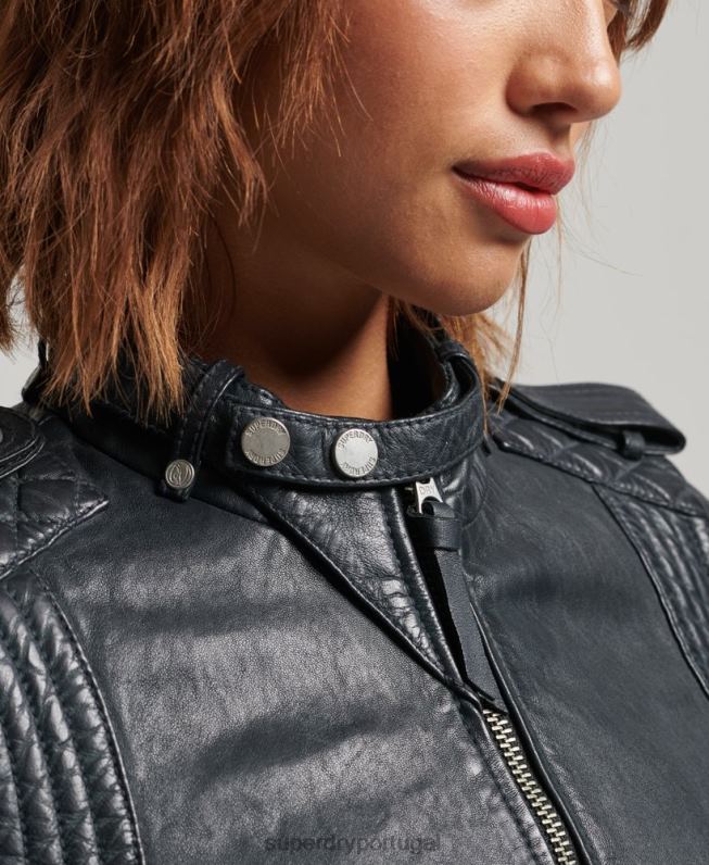 jaqueta moto racer de couro vintage mulheres cinza escuro roupas Superdry 2208H2042