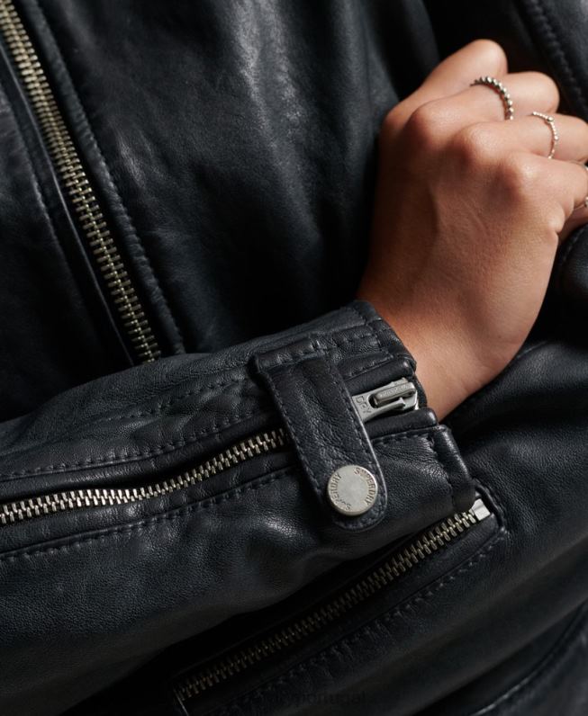 jaqueta moto racer de couro vintage mulheres cinza escuro roupas Superdry 2208H2042