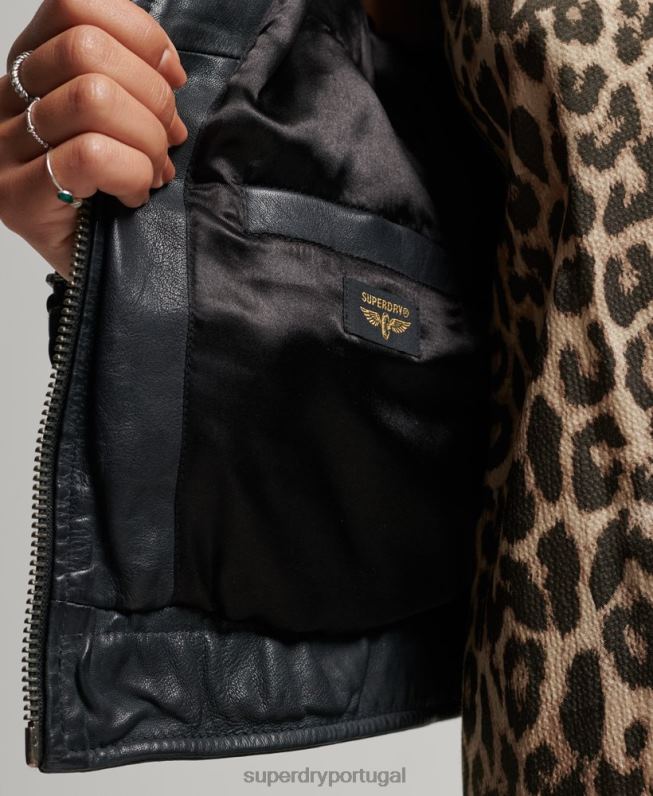 jaqueta moto racer de couro vintage mulheres cinza escuro roupas Superdry 2208H2042