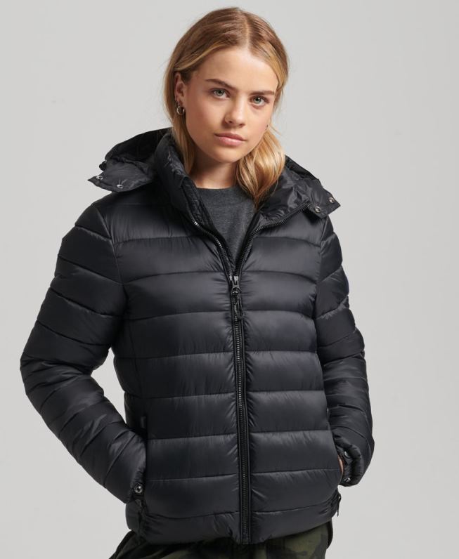 jaqueta puffer clássico com capuz mulheres preto roupas Superdry 2208H3565