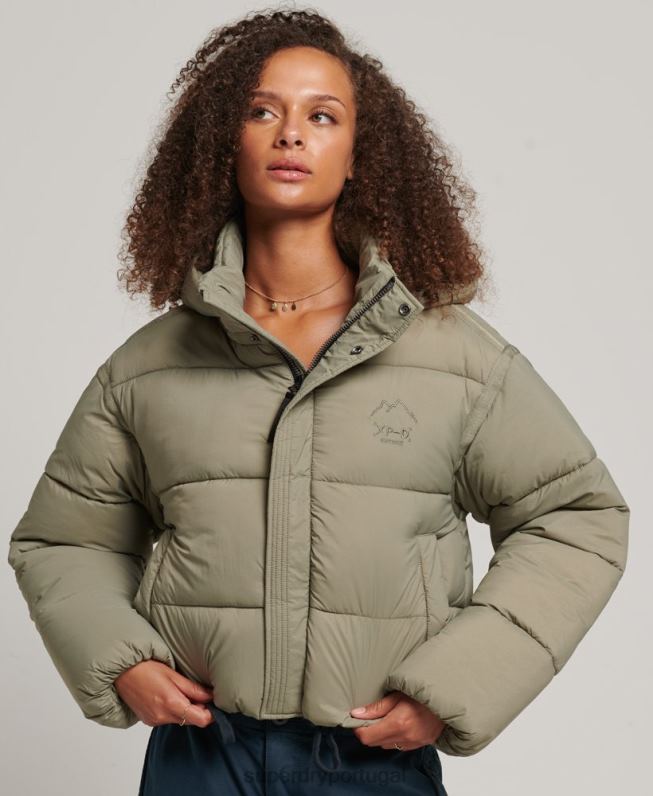 jaqueta puffer cropped mulheres caqui roupas Superdry 2208H3577