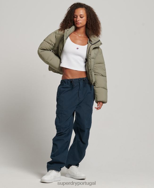 jaqueta puffer cropped mulheres caqui roupas Superdry 2208H3577
