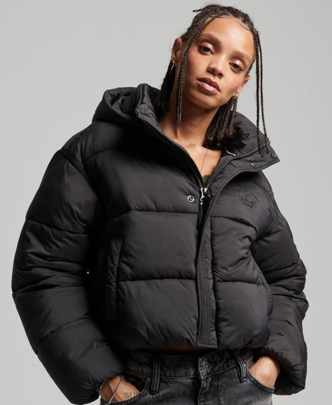 jaqueta puffer cropped mulheres preto roupas Superdry 2208H3564