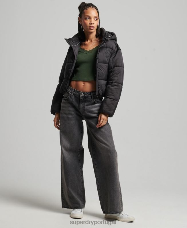 jaqueta puffer cropped mulheres preto roupas Superdry 2208H3564