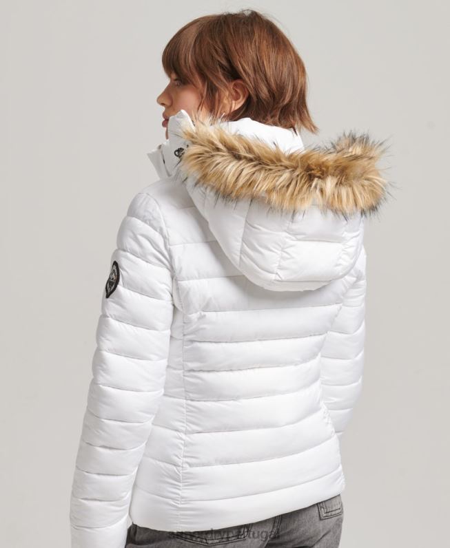 jaqueta puffer curta com capuz de pele sintética mulheres branco roupas Superdry 2208H3669