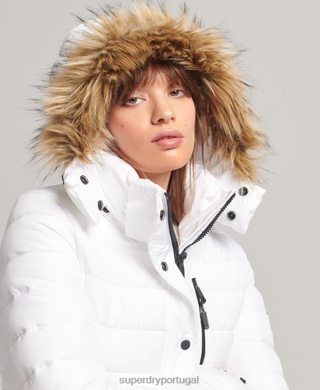 jaqueta puffer curta com capuz de pele sintética mulheres branco roupas Superdry 2208H3669