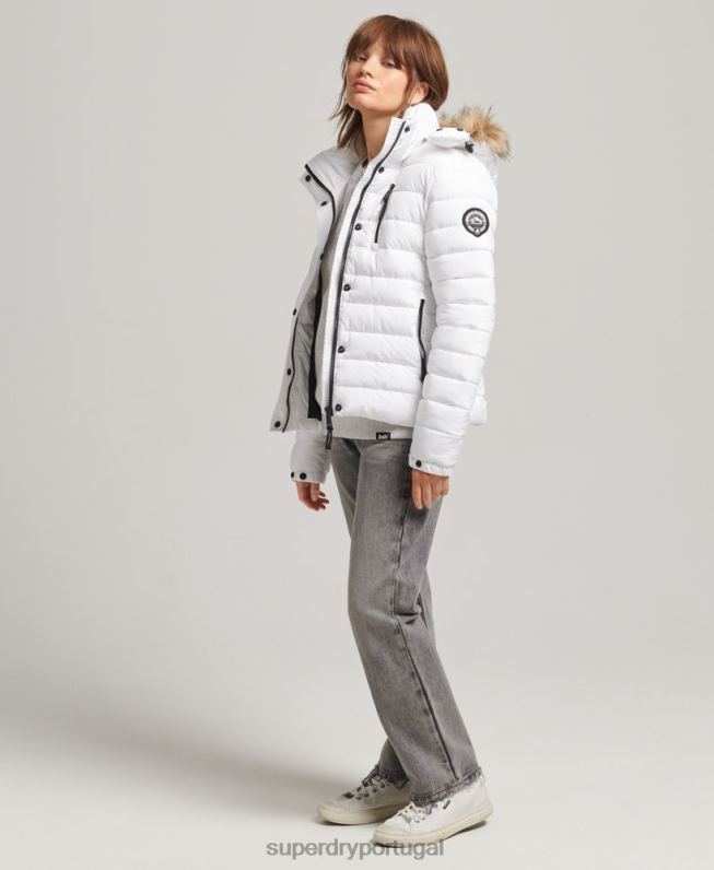 jaqueta puffer curta com capuz de pele sintética mulheres branco roupas Superdry 2208H3669