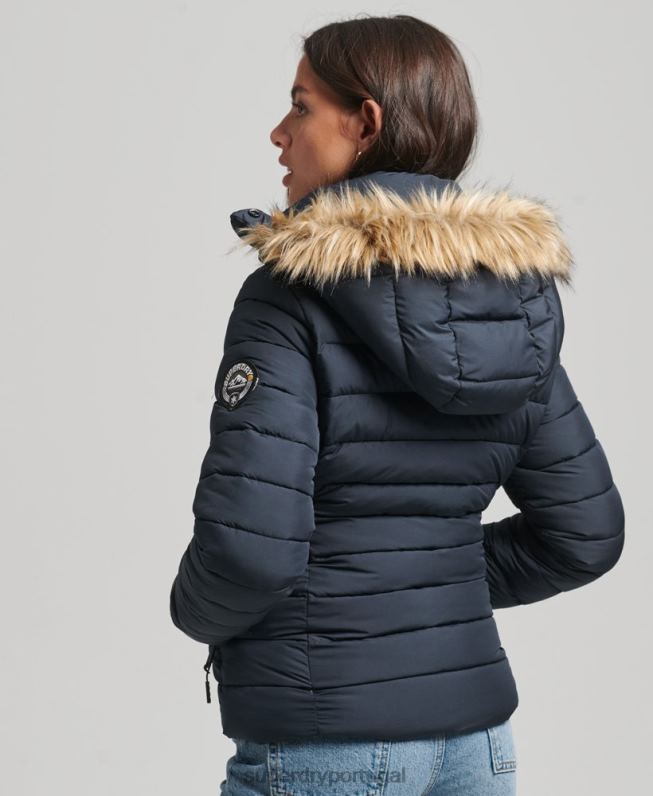 jaqueta puffer curta com capuz de pele sintética mulheres marinha roupas Superdry 2208H3640