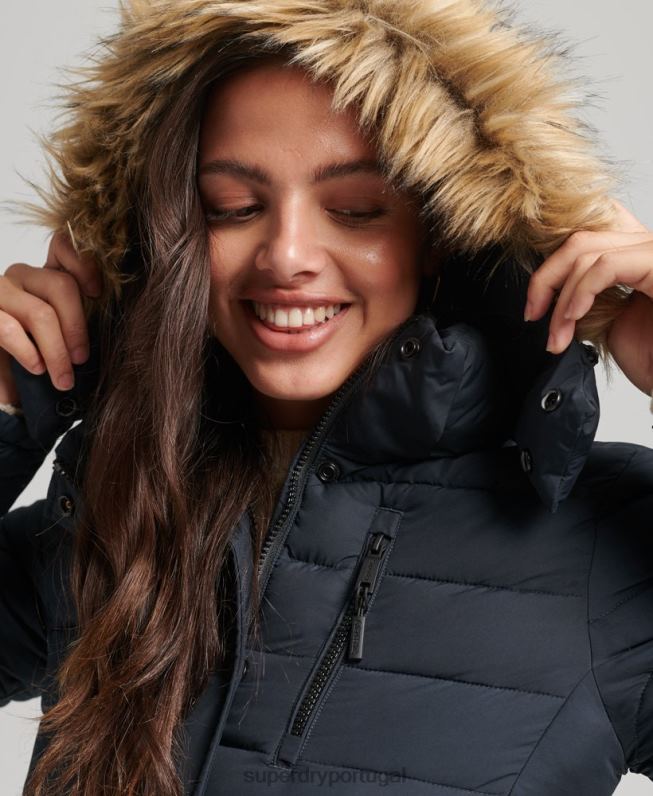 jaqueta puffer curta com capuz de pele sintética mulheres marinha roupas Superdry 2208H3640